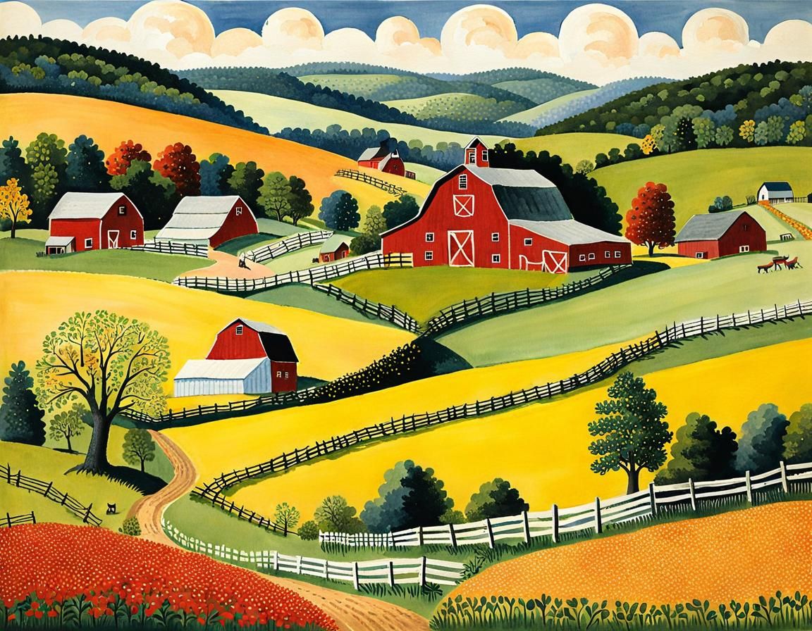 Charming Naive Art Farm Scene in Watercolor
