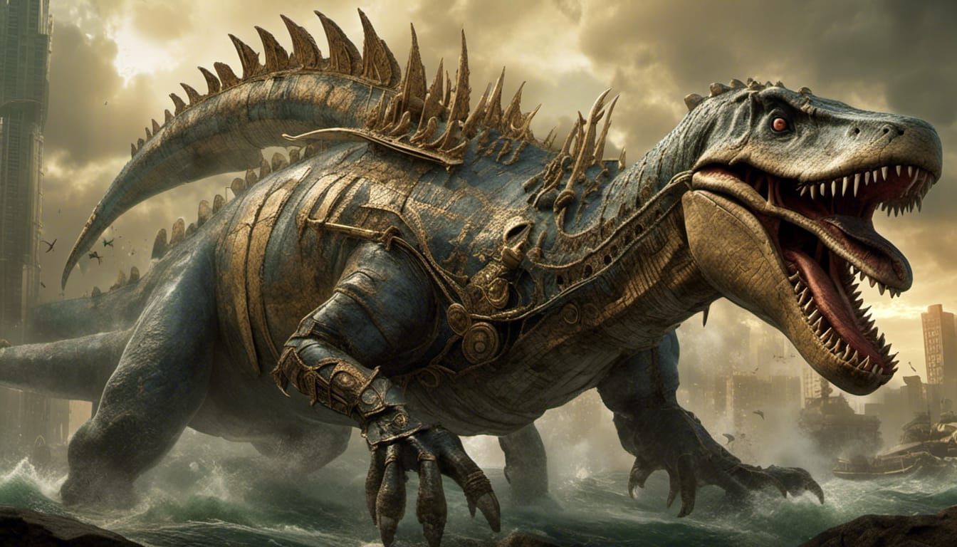 Armored Mosasaur-Centaur Hybrid with Runic Engravings