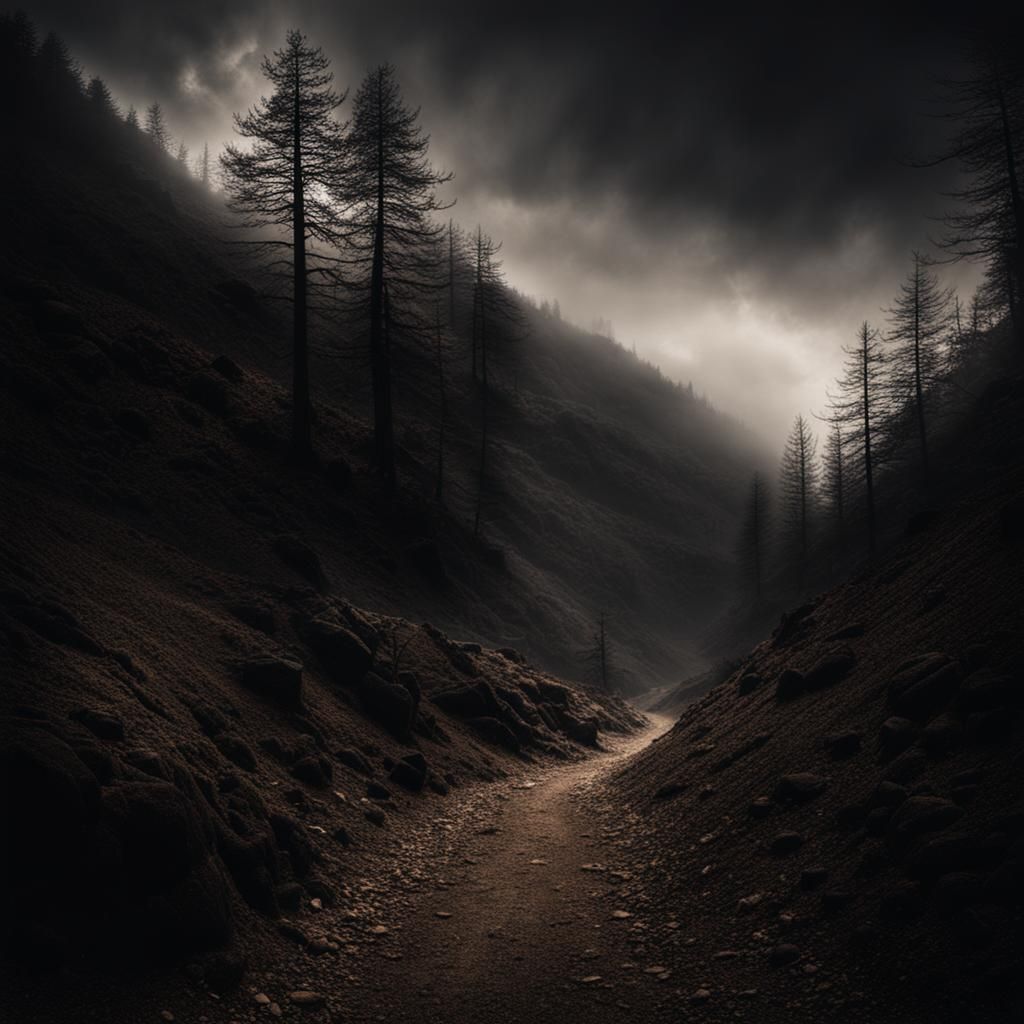 Ominous Landscape with Scary Forest and Hills