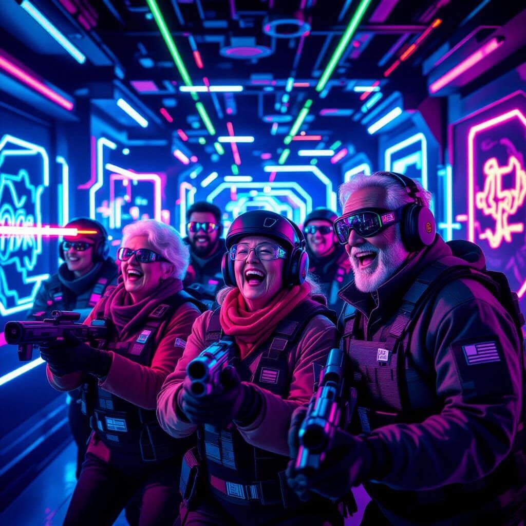 Seniors Play Laser Tag in Cyberpunk Comic Style