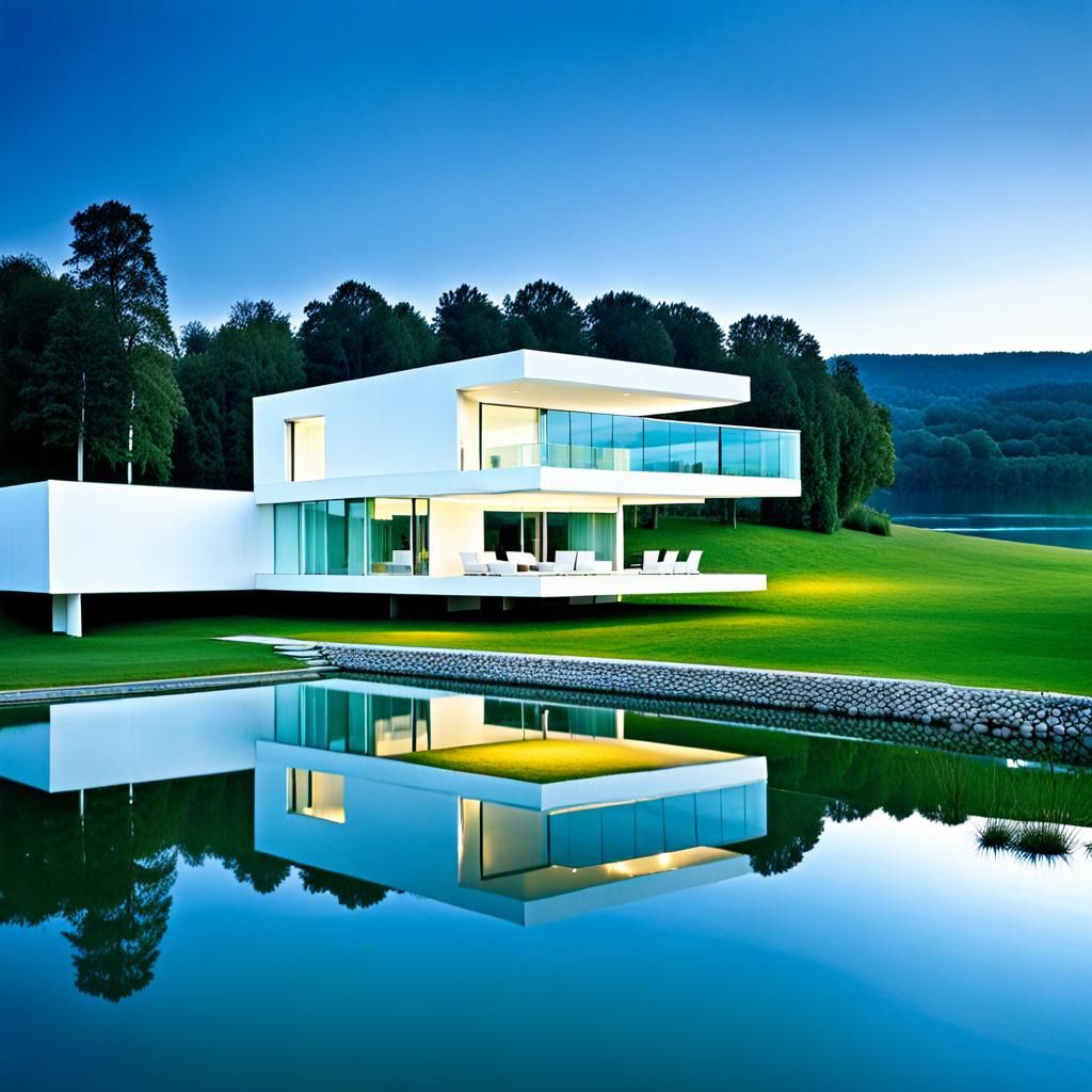 Richard Meier Style Architecture Reflecting in Water