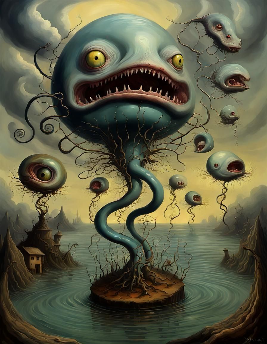 Surreal Landscape with Slithy Toves in Oil Paint