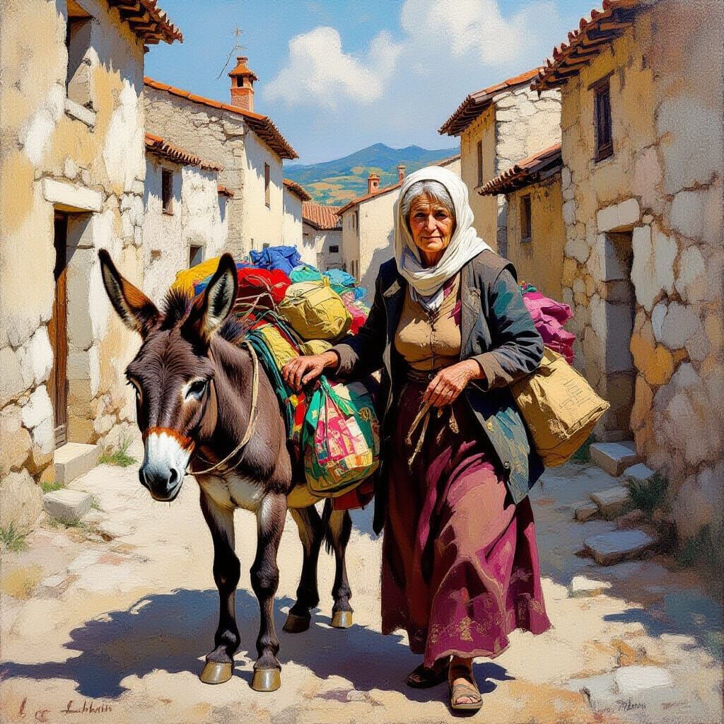 Baroque Expressionist Portrait of Sicilian Woman and Donkey