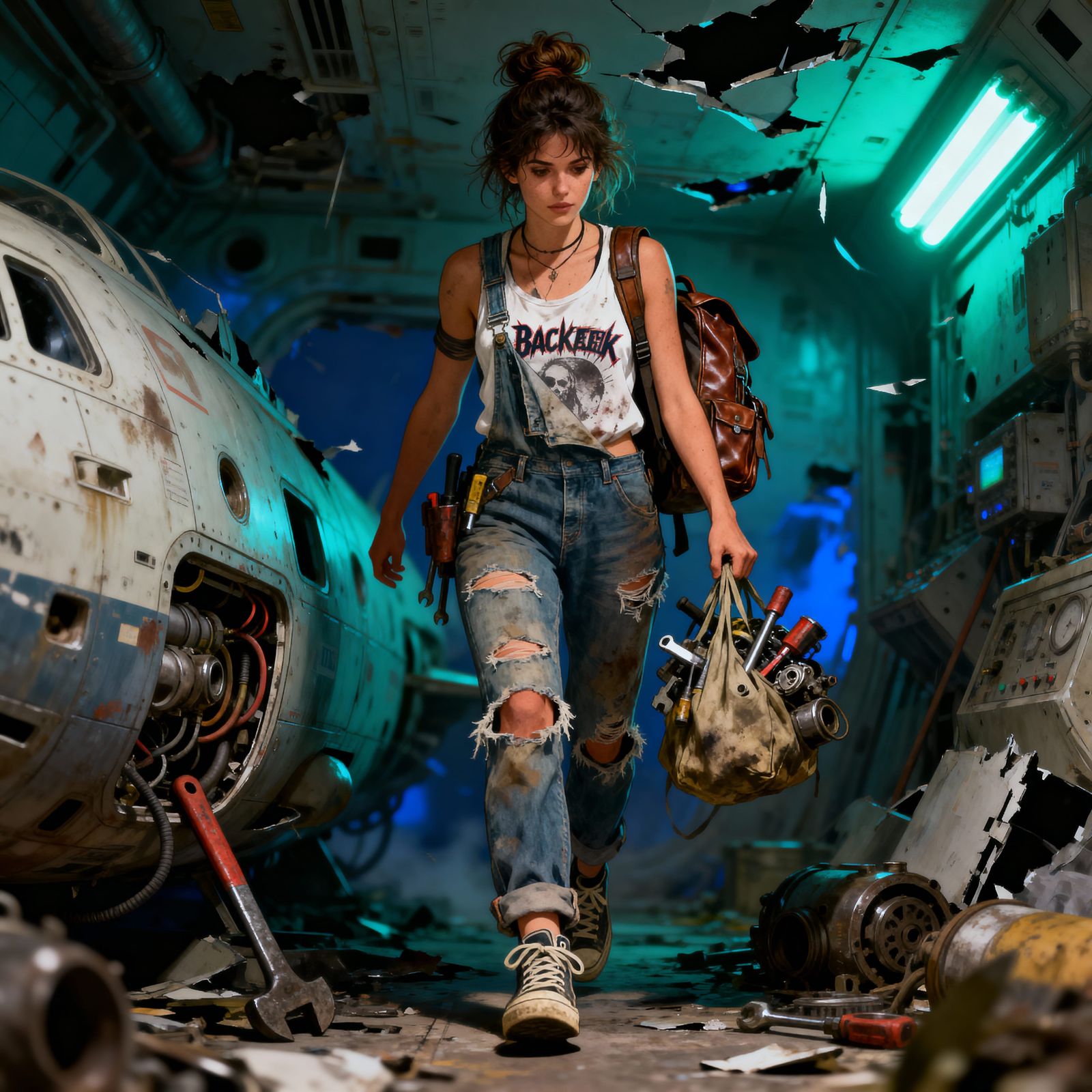 Female Technician in Damaged Spacecraft Engine Room