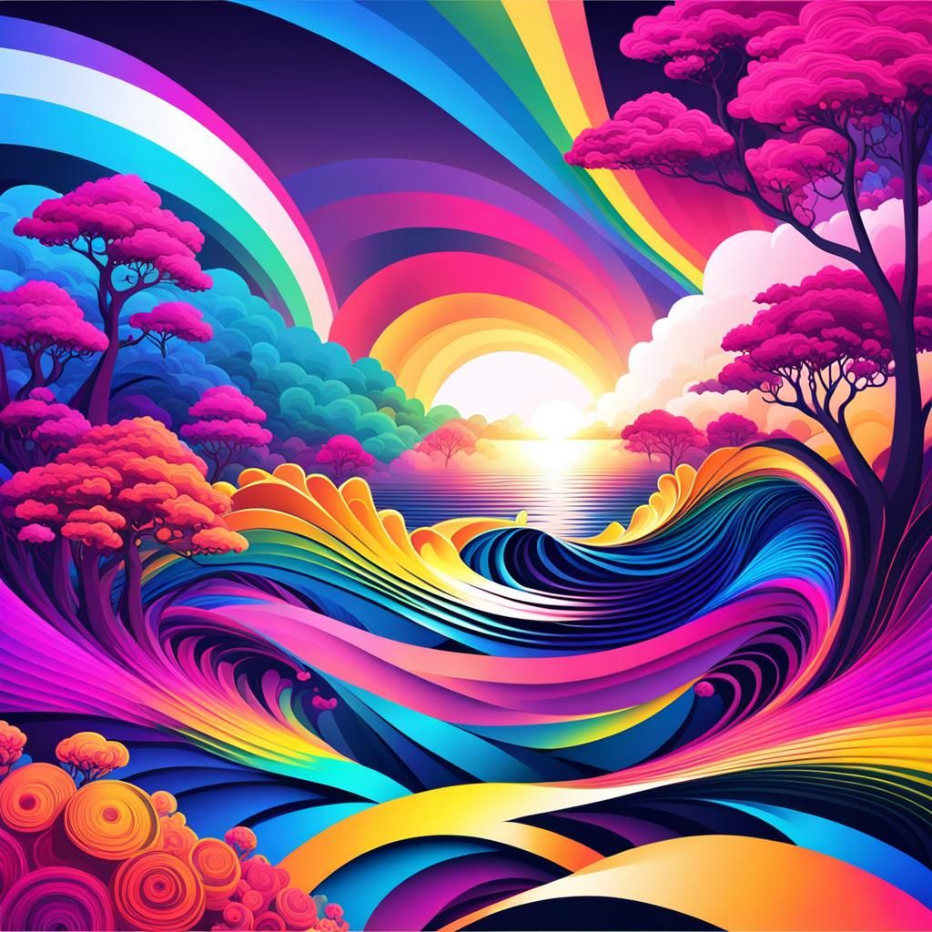 Rainbow Sunset over Magenta Landscape in Fractal Art