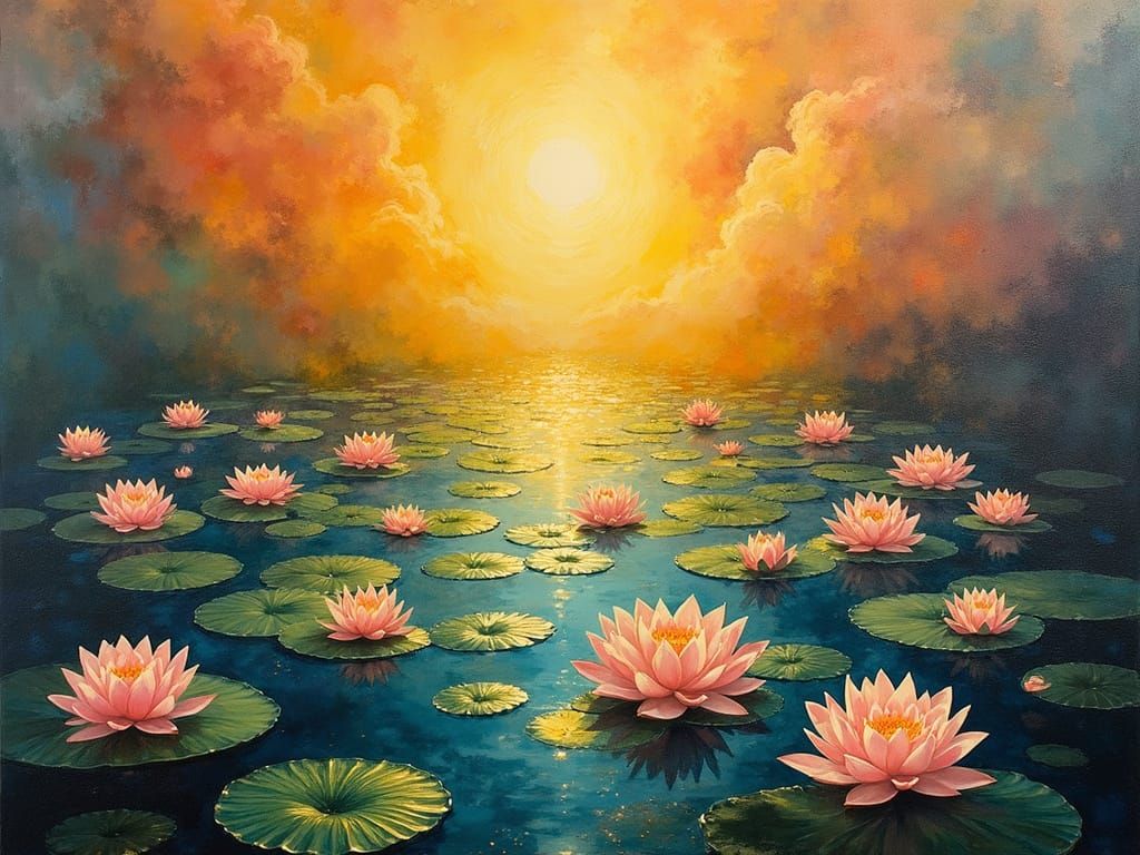 Surreal Lotus Pond in Warm, Dreamy 1970s Hues