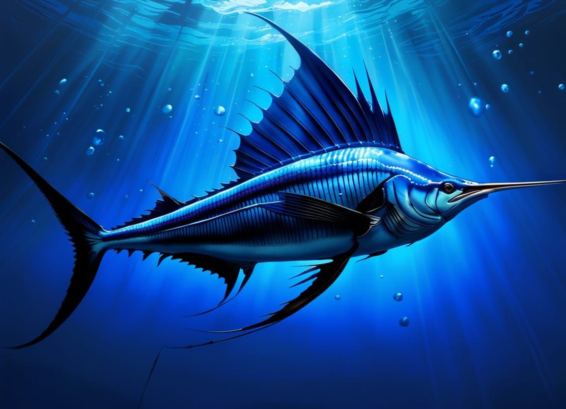 Bioluminescent Sailfish Art: Detailed Underwater Scene