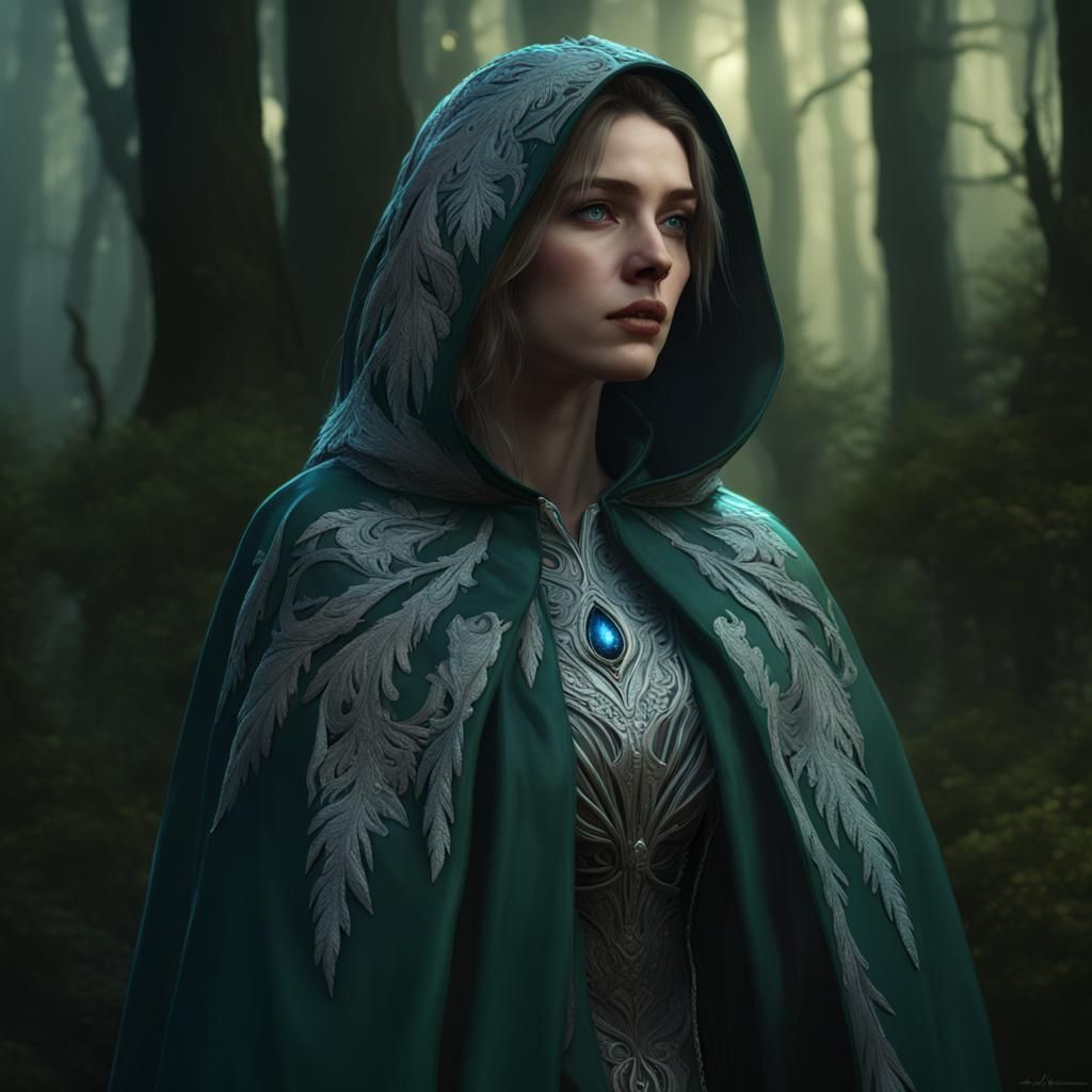 Woman in Embroidered Cape in Forest, Digital Art