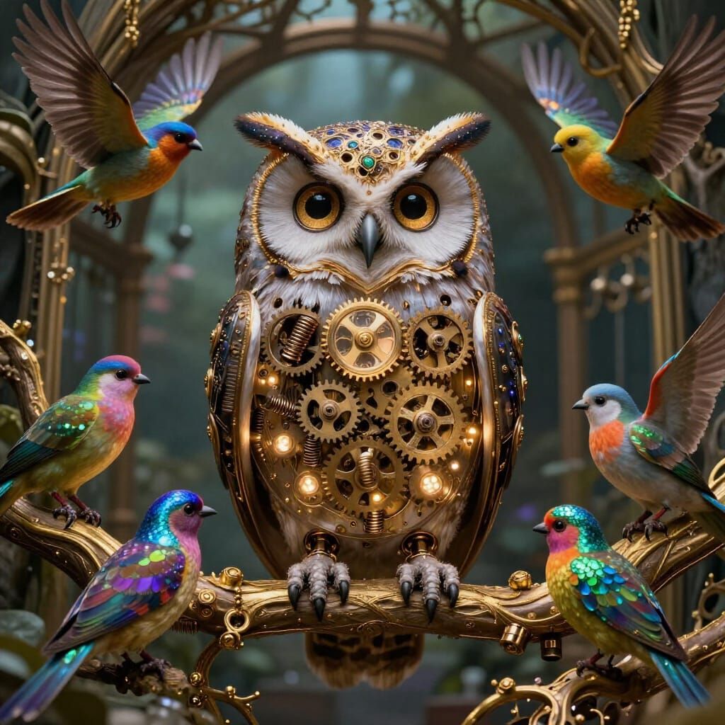 Clockwork Owl in Enchanted Aviary Steampunk Fantasy Art