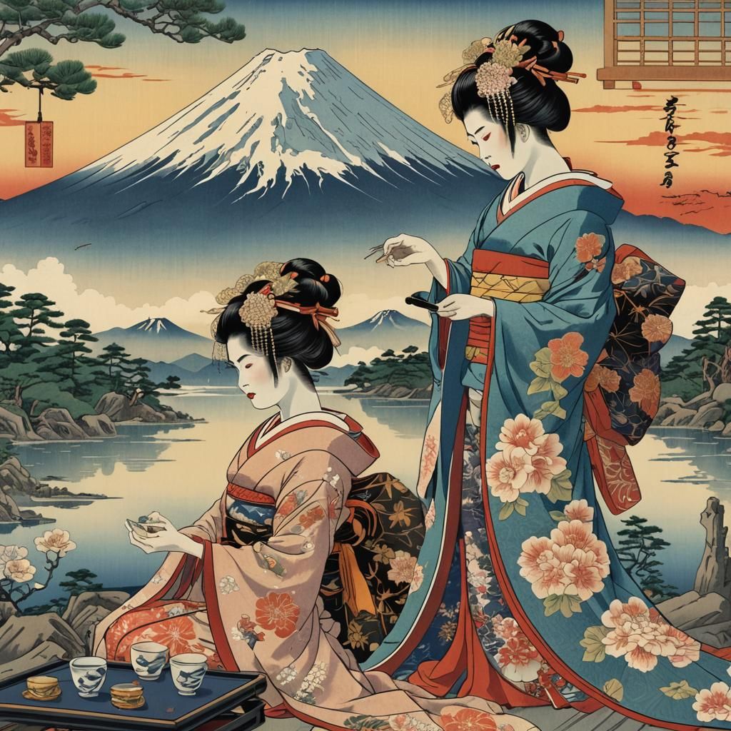 Ukiyo-e Geishas with Mount Fuji: Abstract Realism