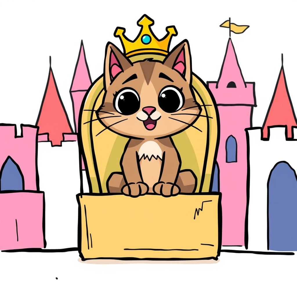 Cartoon Cat King in Hand-Drawn Kingdom