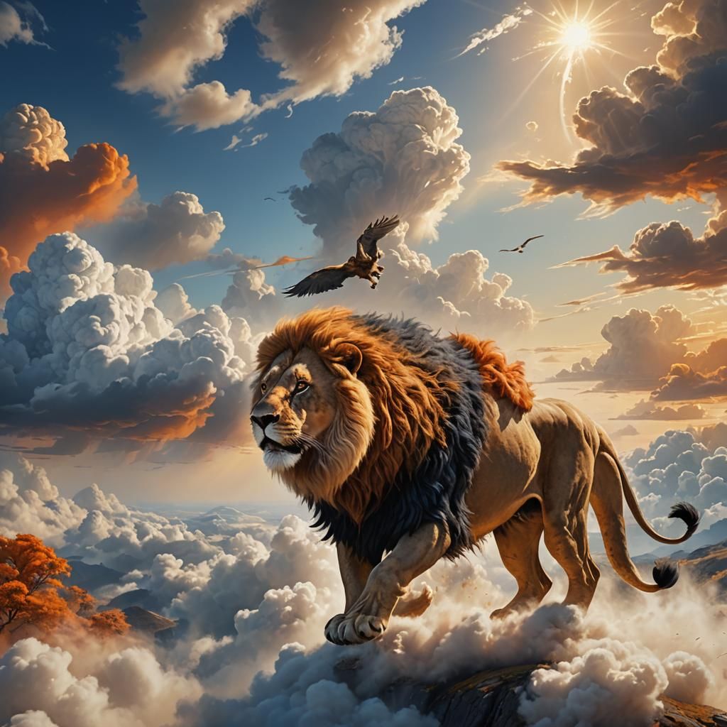 Lion Soaring Through Clouds: Fantasy Concept Art