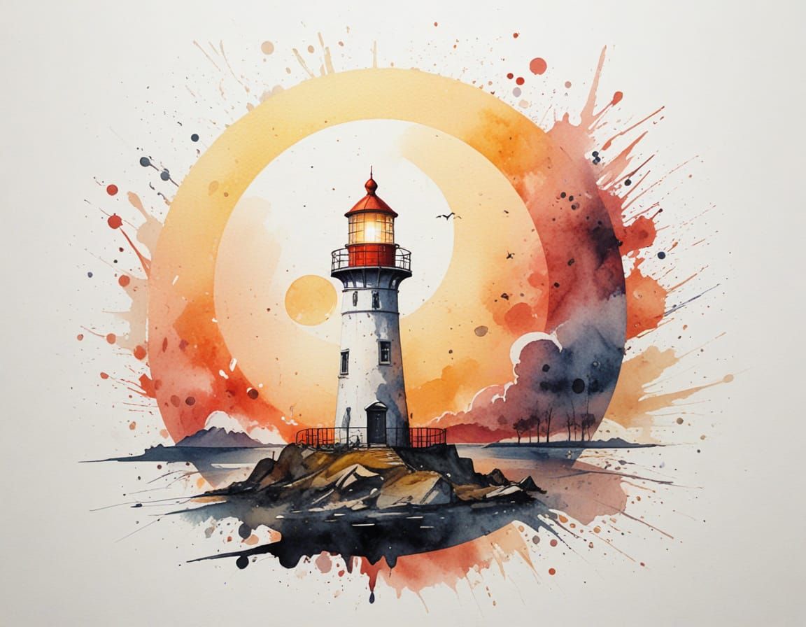 Watercolour Lighthouse Sunset With Ethereal Atmosphere