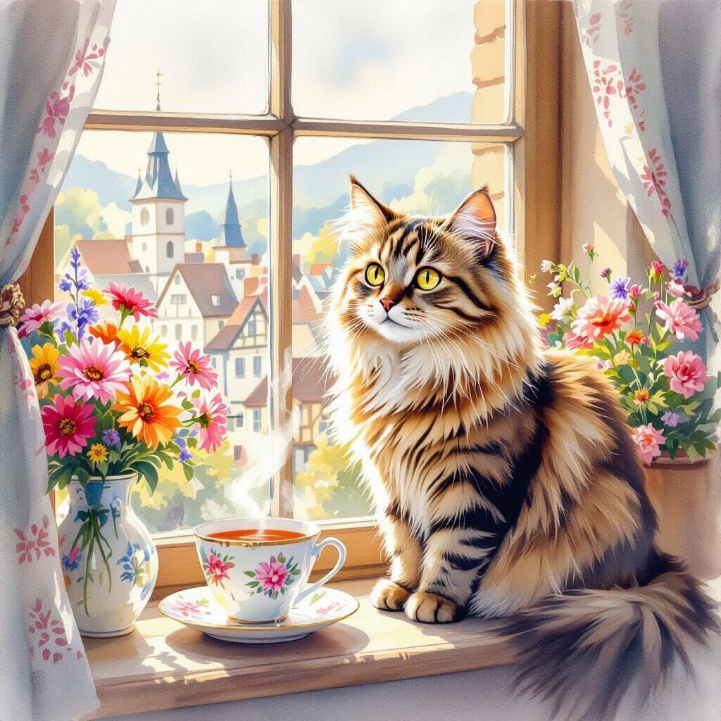 Cozy Tabby Cat on Windowsill, Watercolor Painting