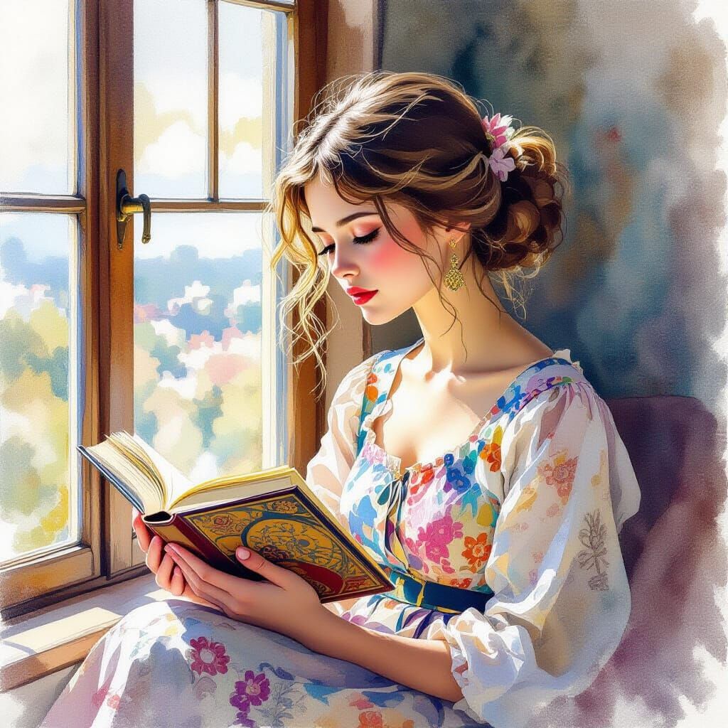 Girl with Book: Klimt-Inspired Watercolor Portrait