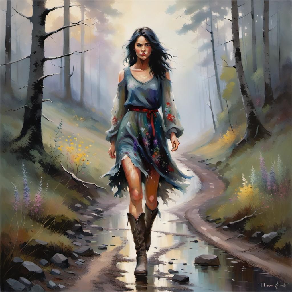 Ethereal Woman in Misty Forest Painting