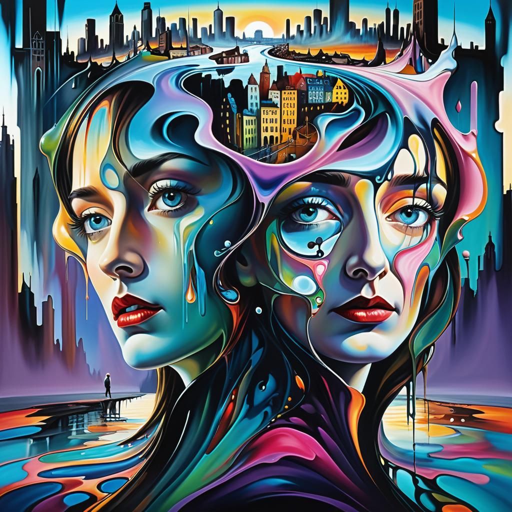 Woman at Melting Cityscape in Surrealist Style