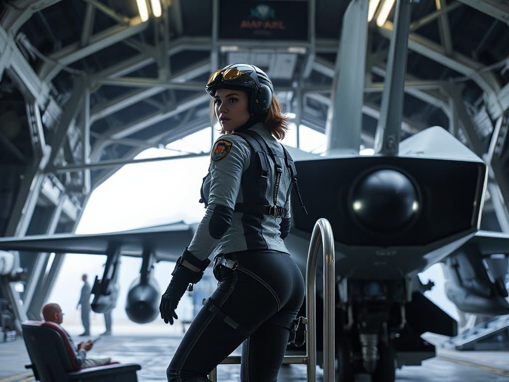 Space Fighter Pilot in Hangar Bay, Syd Mead Style