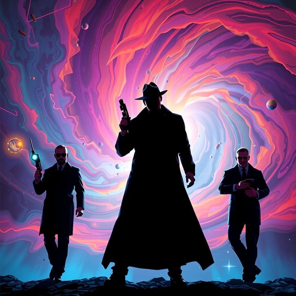 Men in Black Agents Stand Silhouetted Against a Cosmic Nebul...