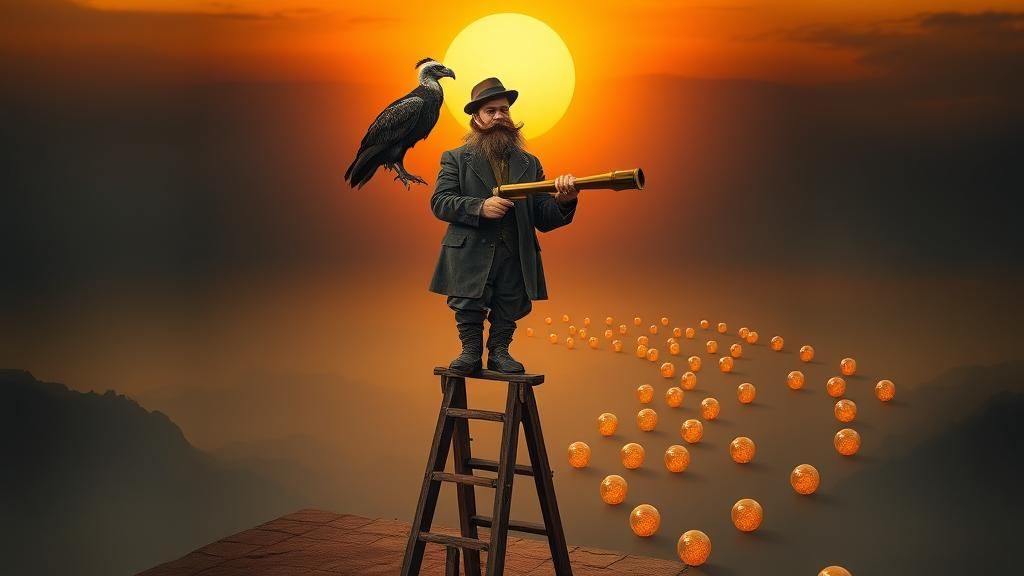 Mysterious Man with Telescope in Surreal Twilight