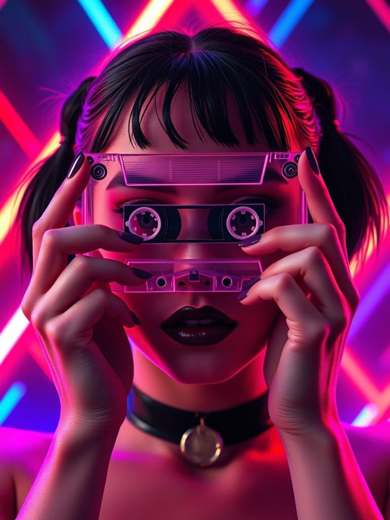 Woman in Neon Haze, Gripping Cassette Tape