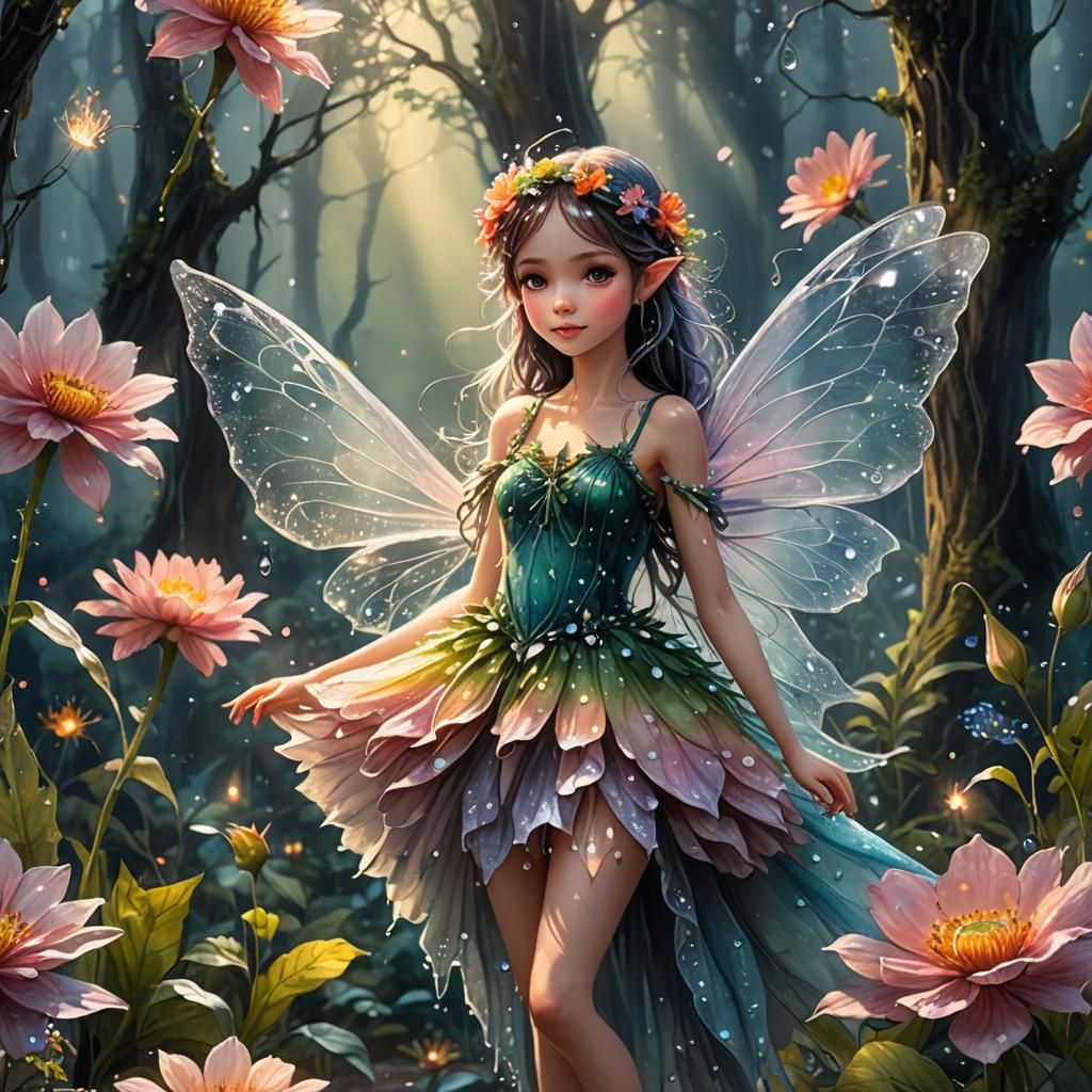 Fairy and Giant Flower in Watercolor and Ink