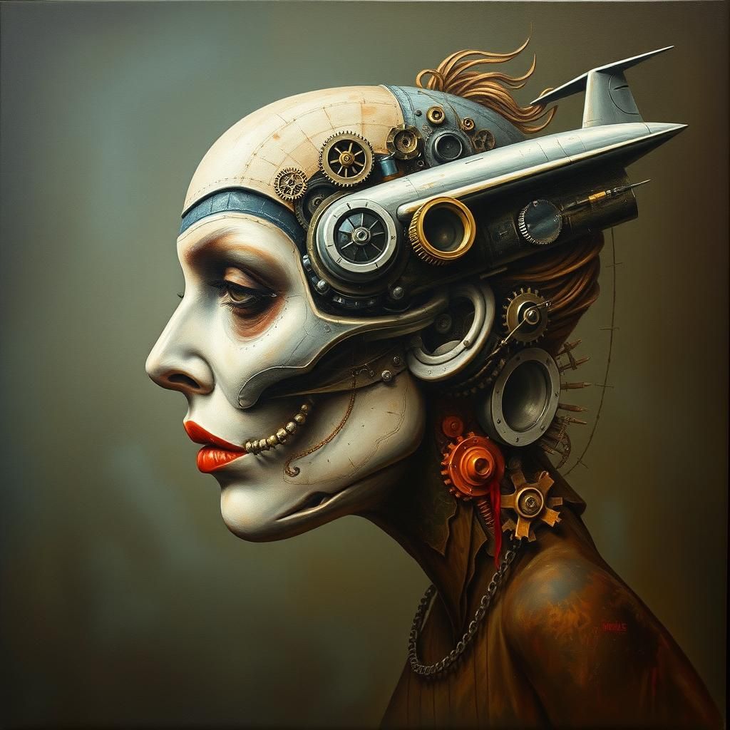 Menacing Woman Face in Surreal Flying Machine