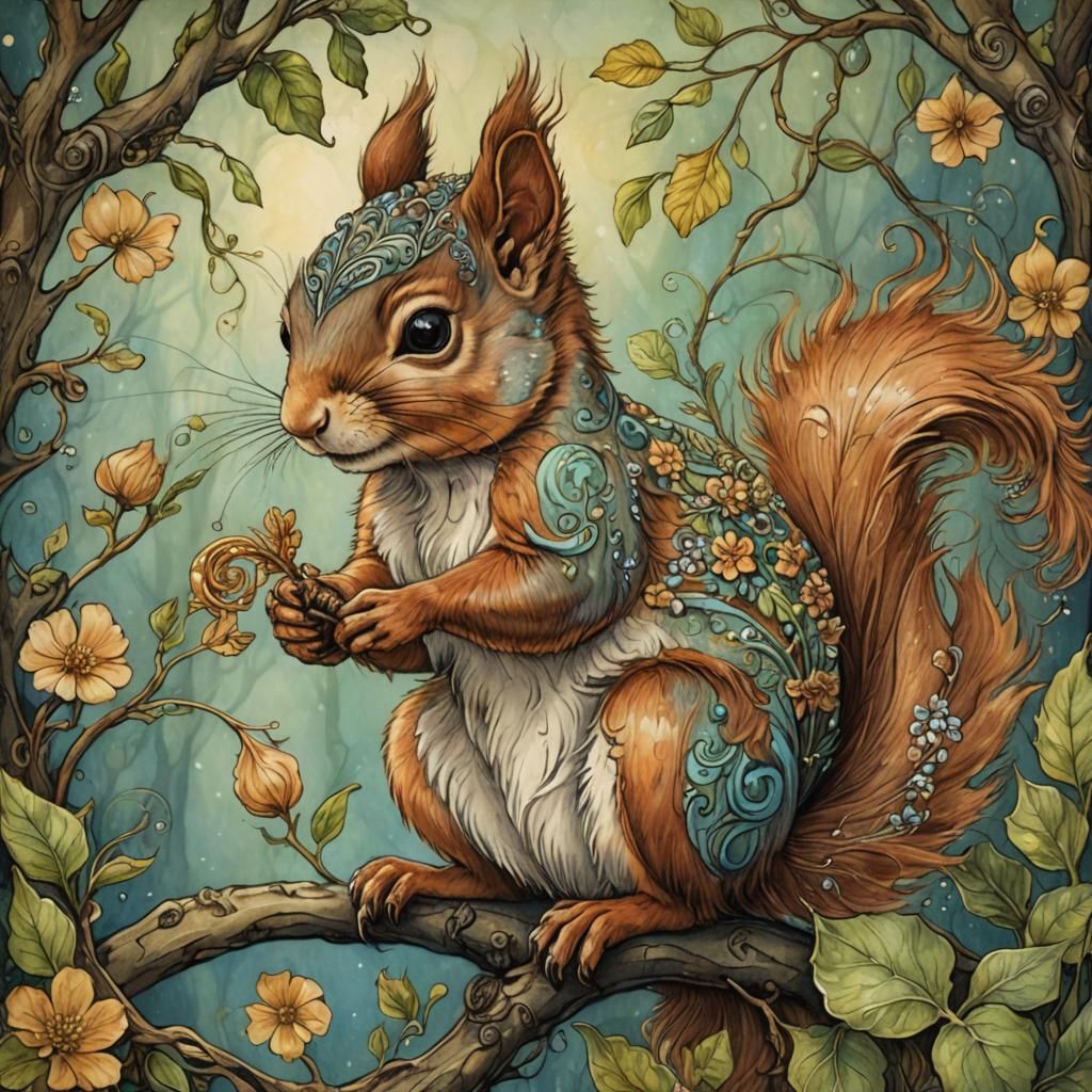 Whimsical Squirrel Art: Fantasy Illustration