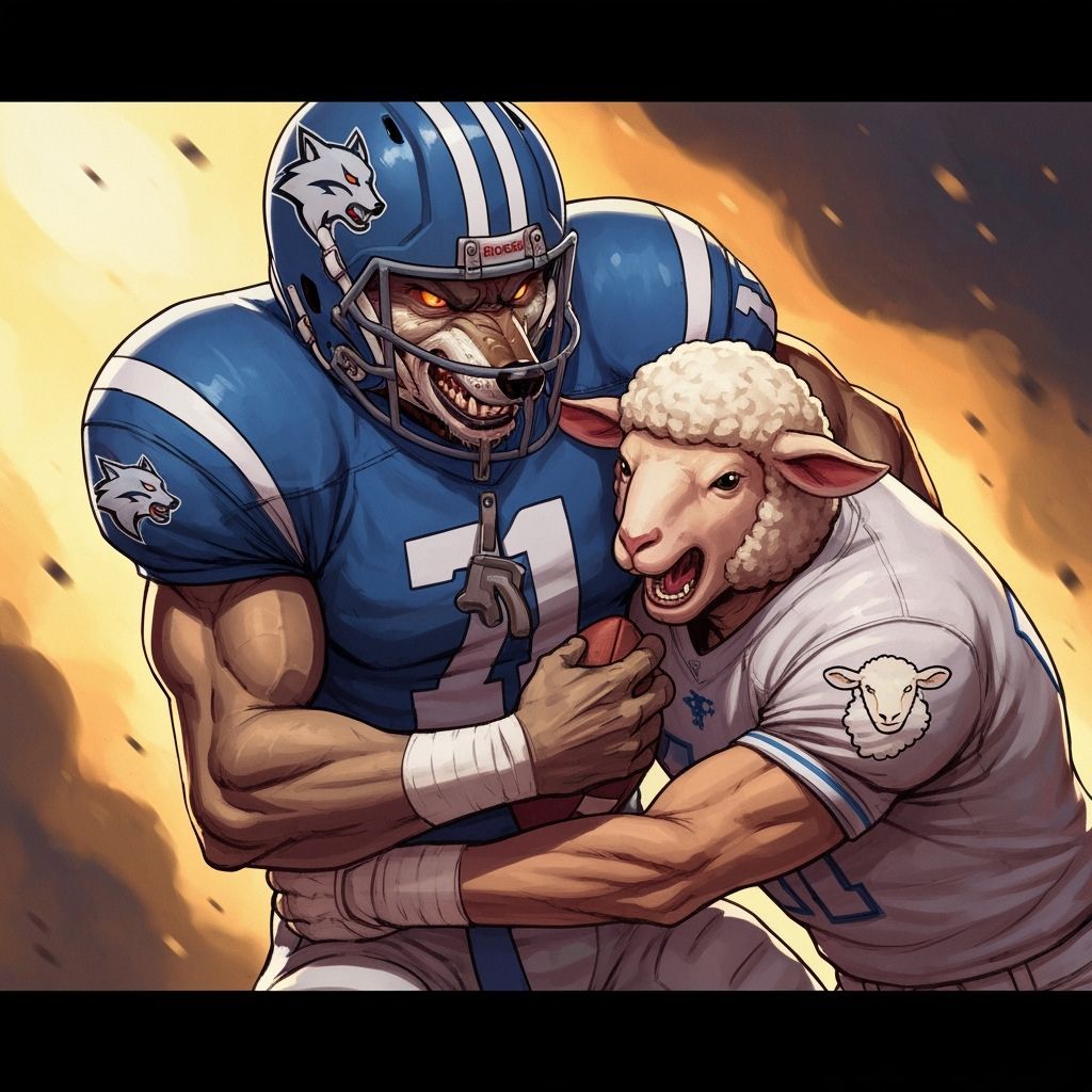 Wolfman Tackles Sheepman in Football Showdown