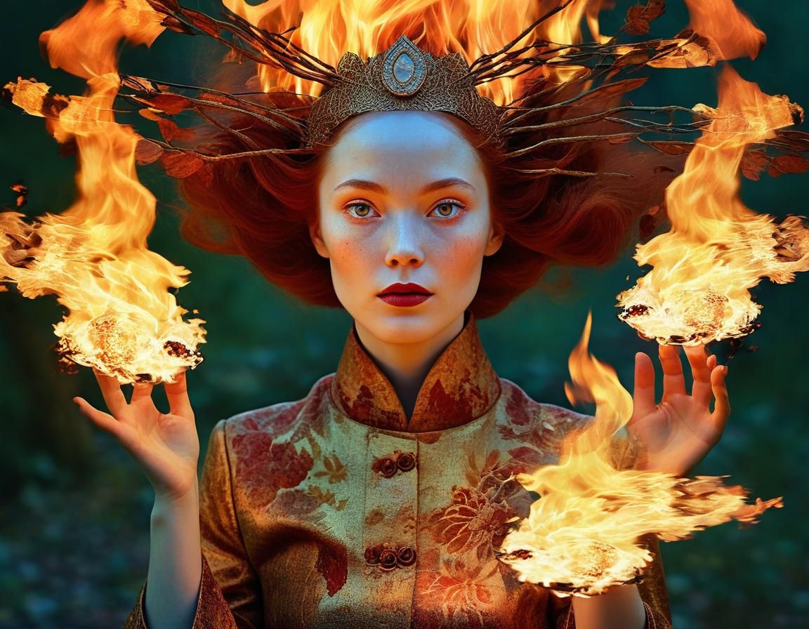 Enigmatic Fire Spirit Portrait in Fairytale Style