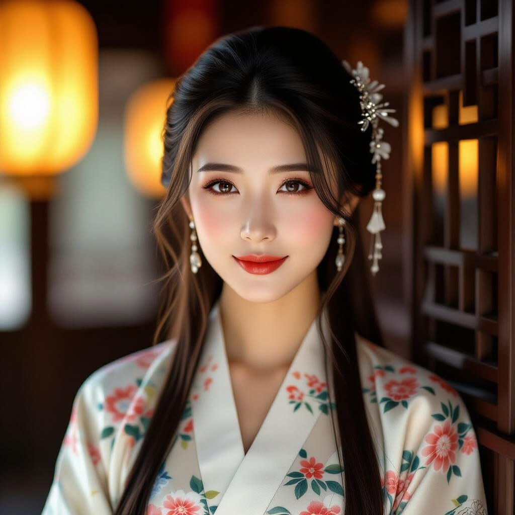 Elegant Chinese Woman in Floral Hanfu