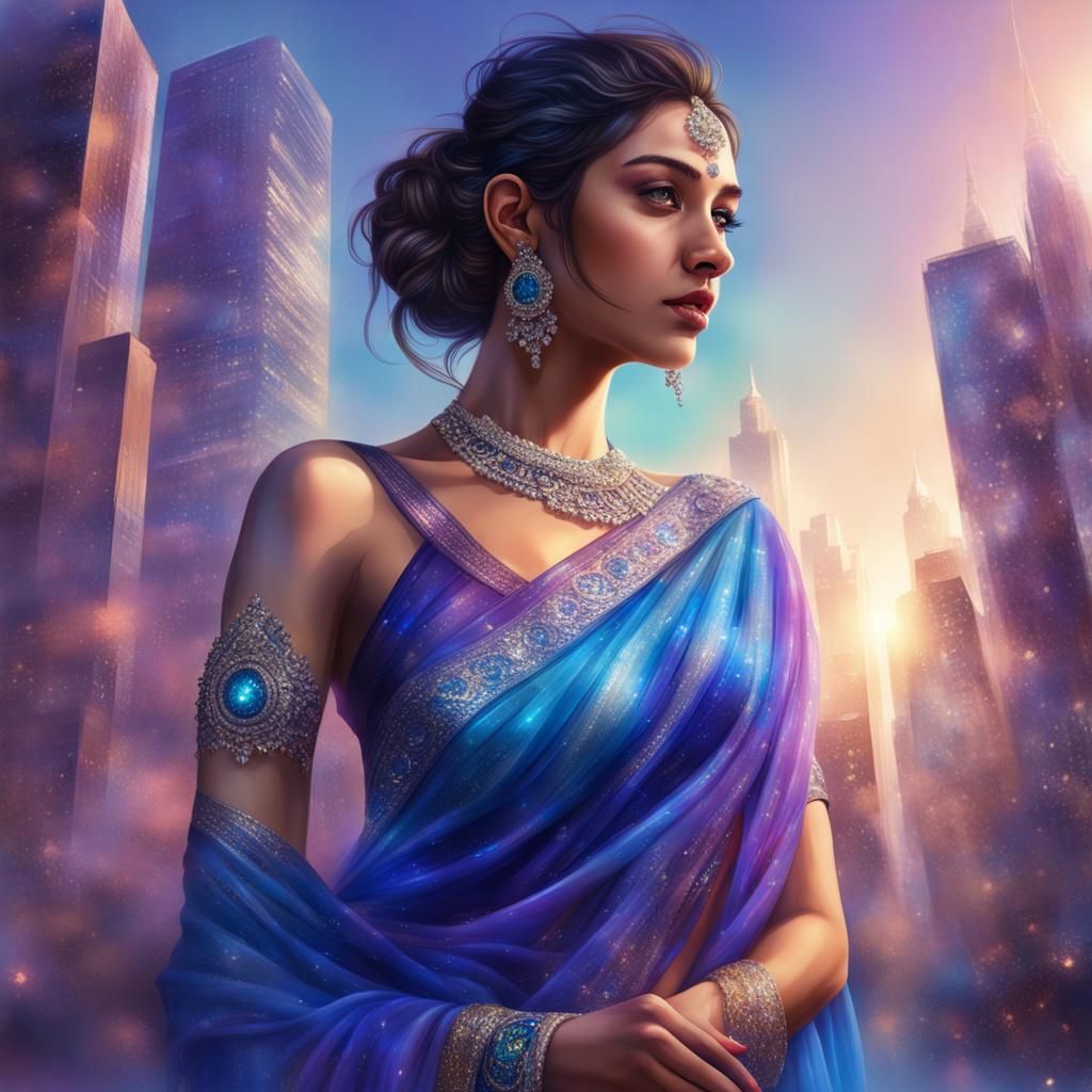 Glittering Saree in Crystal World: Hyperrealistic Art