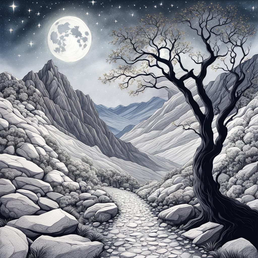 Moonlit Mountain Path in Ink and Pencil