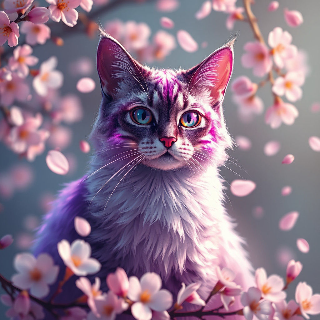 Regal Purple Cat with Cherry Blossoms