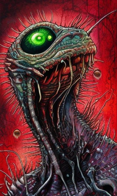 Reptilian Eyeball Creature in Dark Horror Style