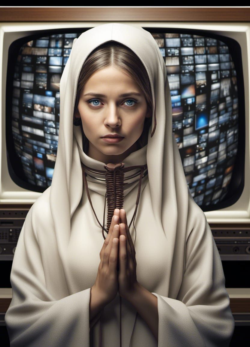 Alpine Nun Praying in Hi-Tech Television Set
