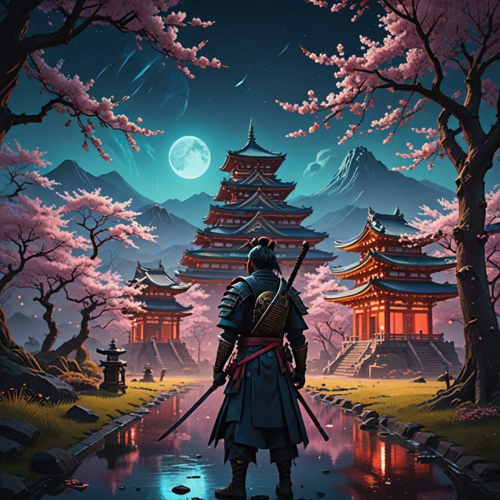 Heroic Samurai Warrior in Neon-Lit Japanese Landscape