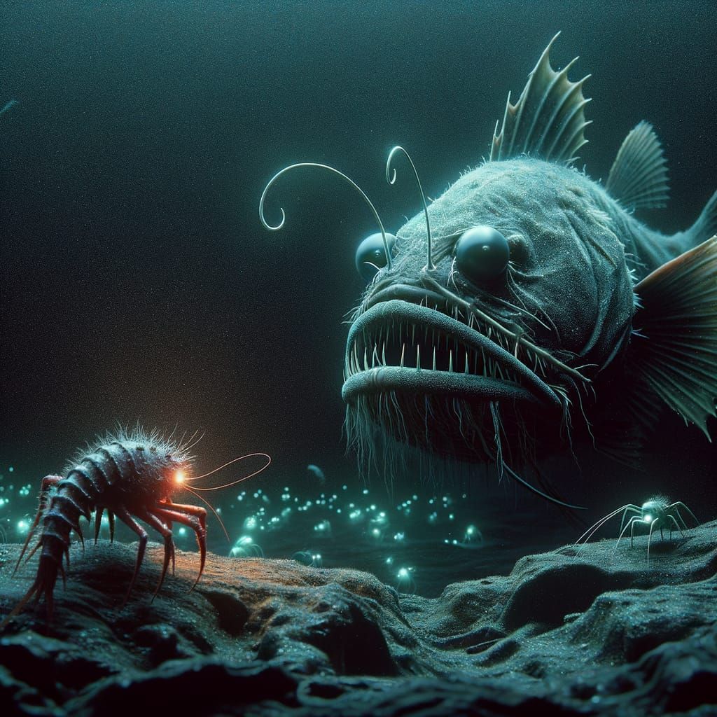 Angler Fish Staredown in Deep Ocean Scene