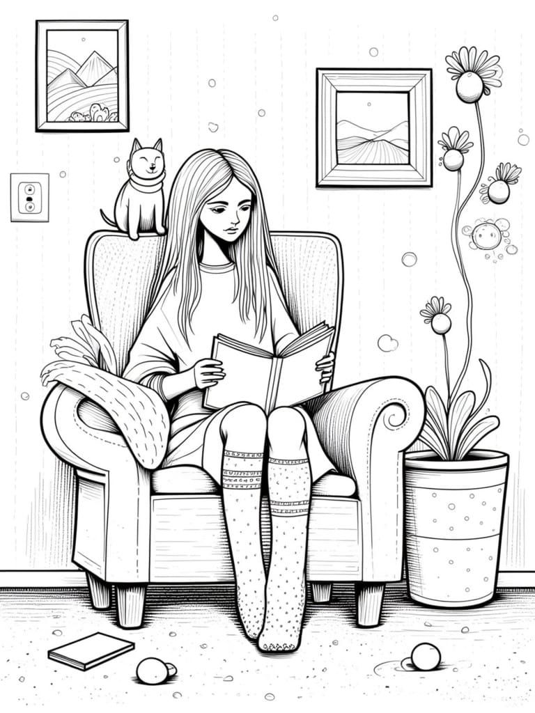 Cozy Domestic Scene in Pencil Sketch Style
