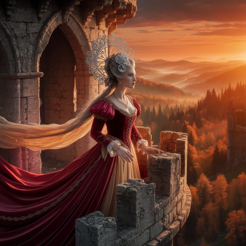 Phantom Queen Gazes from Ruined Castle Tower at Sunset