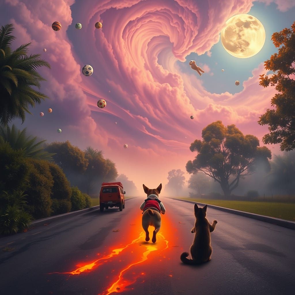 Surreal Landscape with Running Dog, Lava Flow and Mystical S...