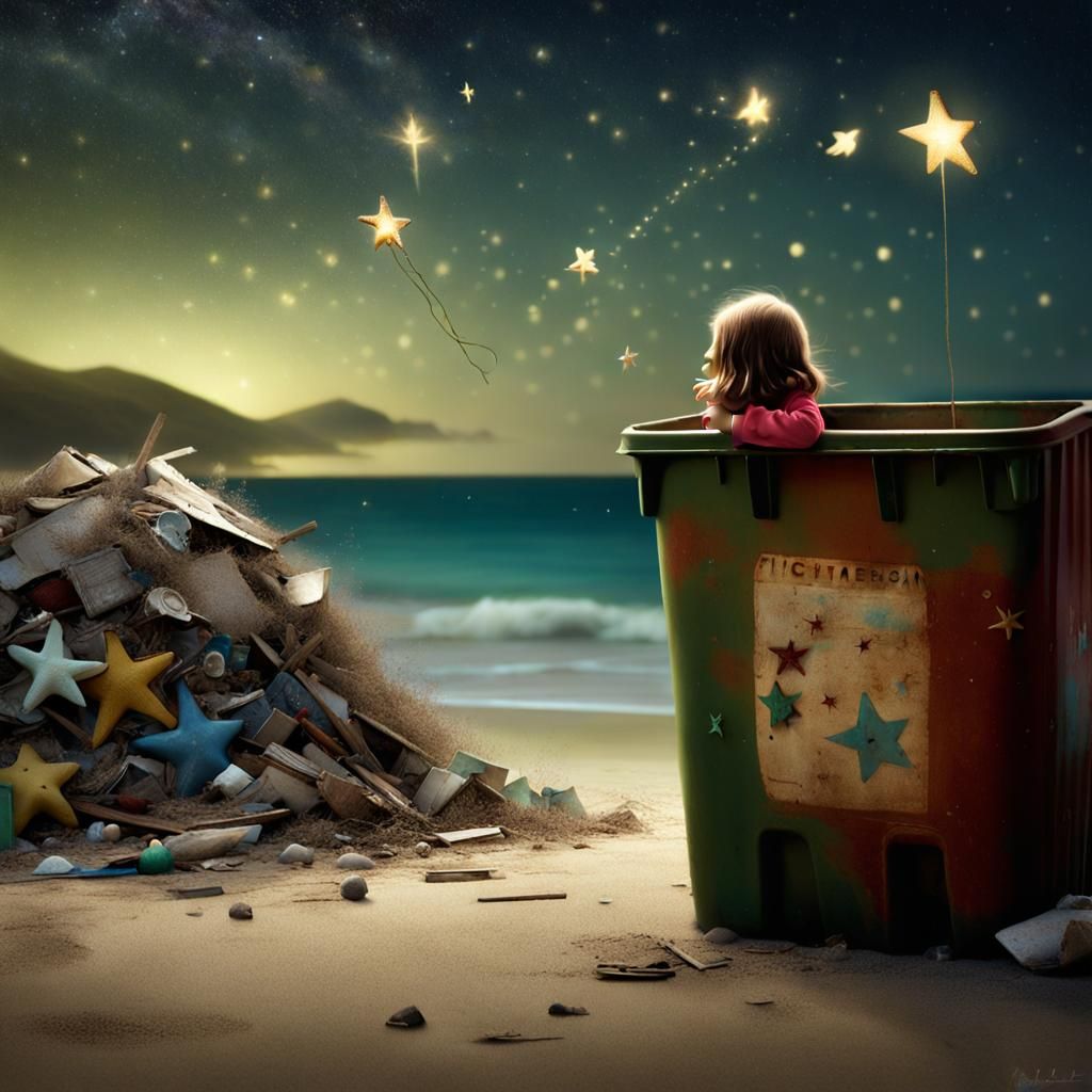 Girl Watching Shooting Star on Beach, Pixar Style