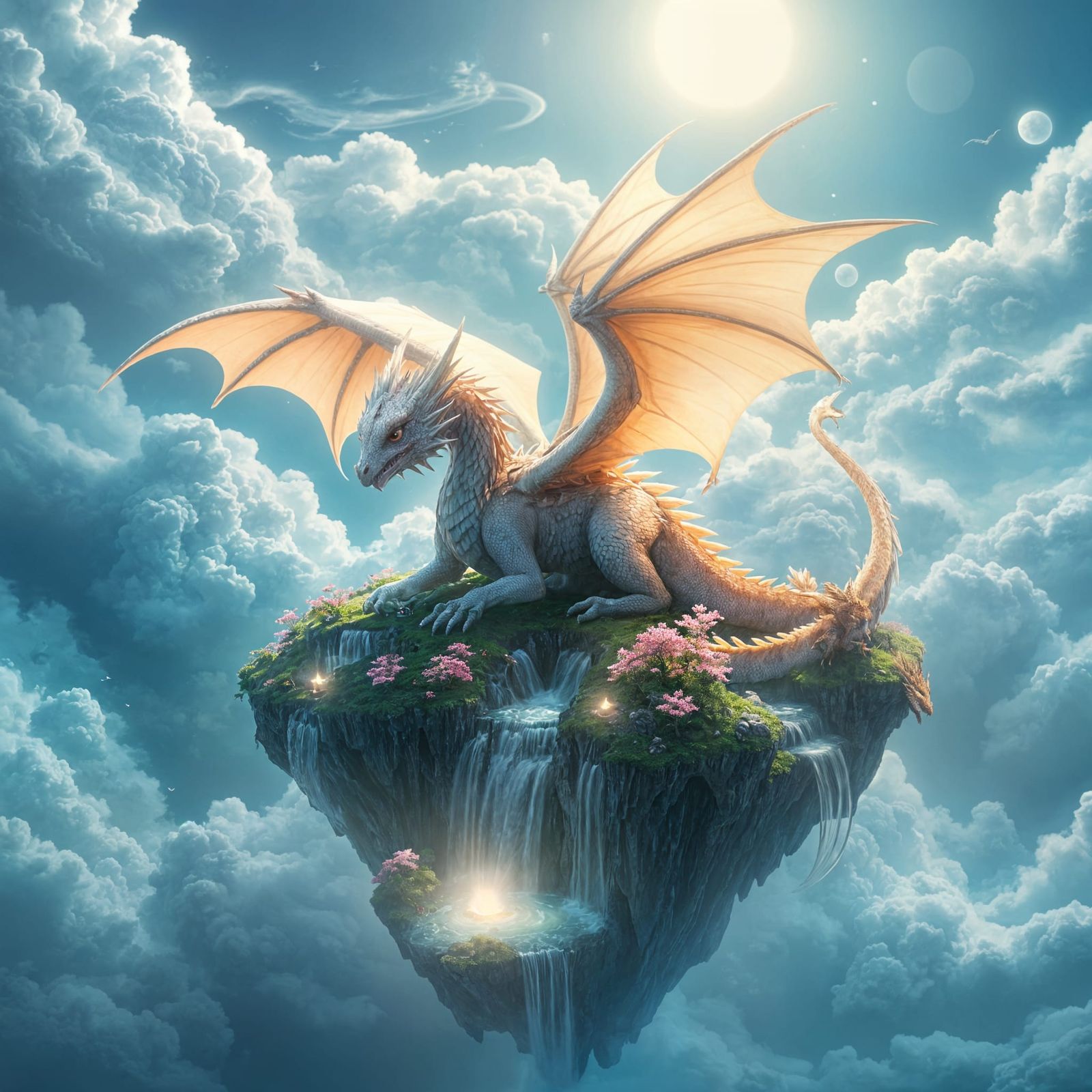 Majestic Four-Winged Dragon in Whimsical Fantasy Landscape