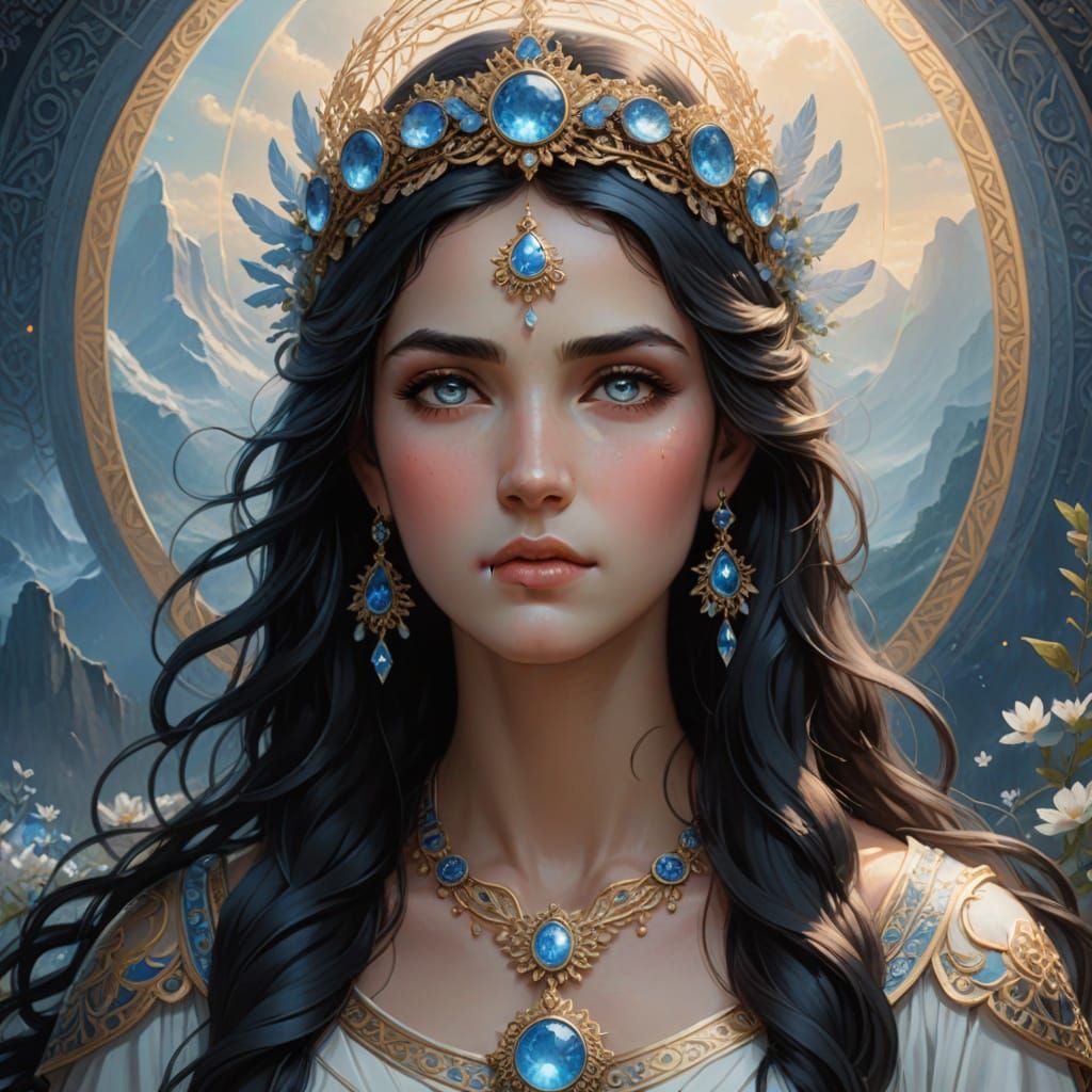 A stunning, close, big portrait of Eirene, the Goddess of Peace.