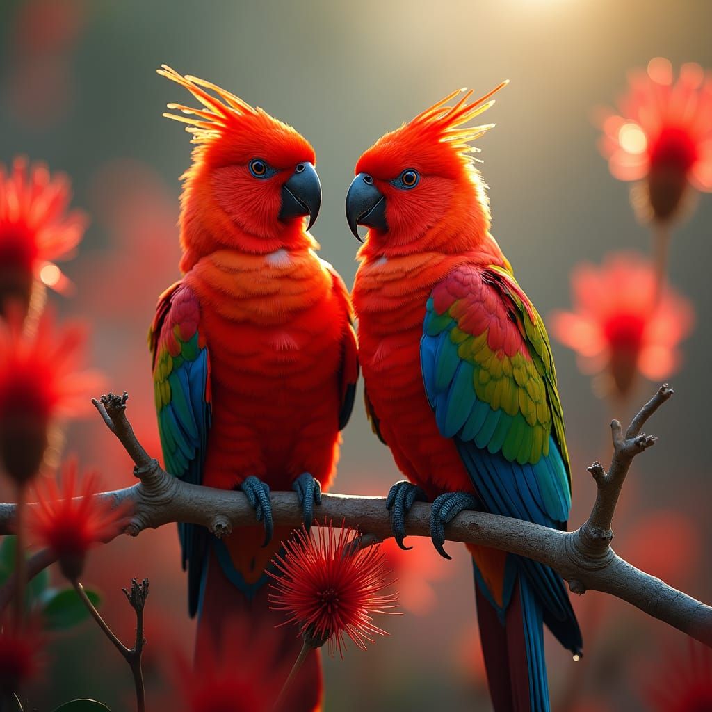 Rosella Parrots and Bottlebrush Flowers in Hyperrealistic St...