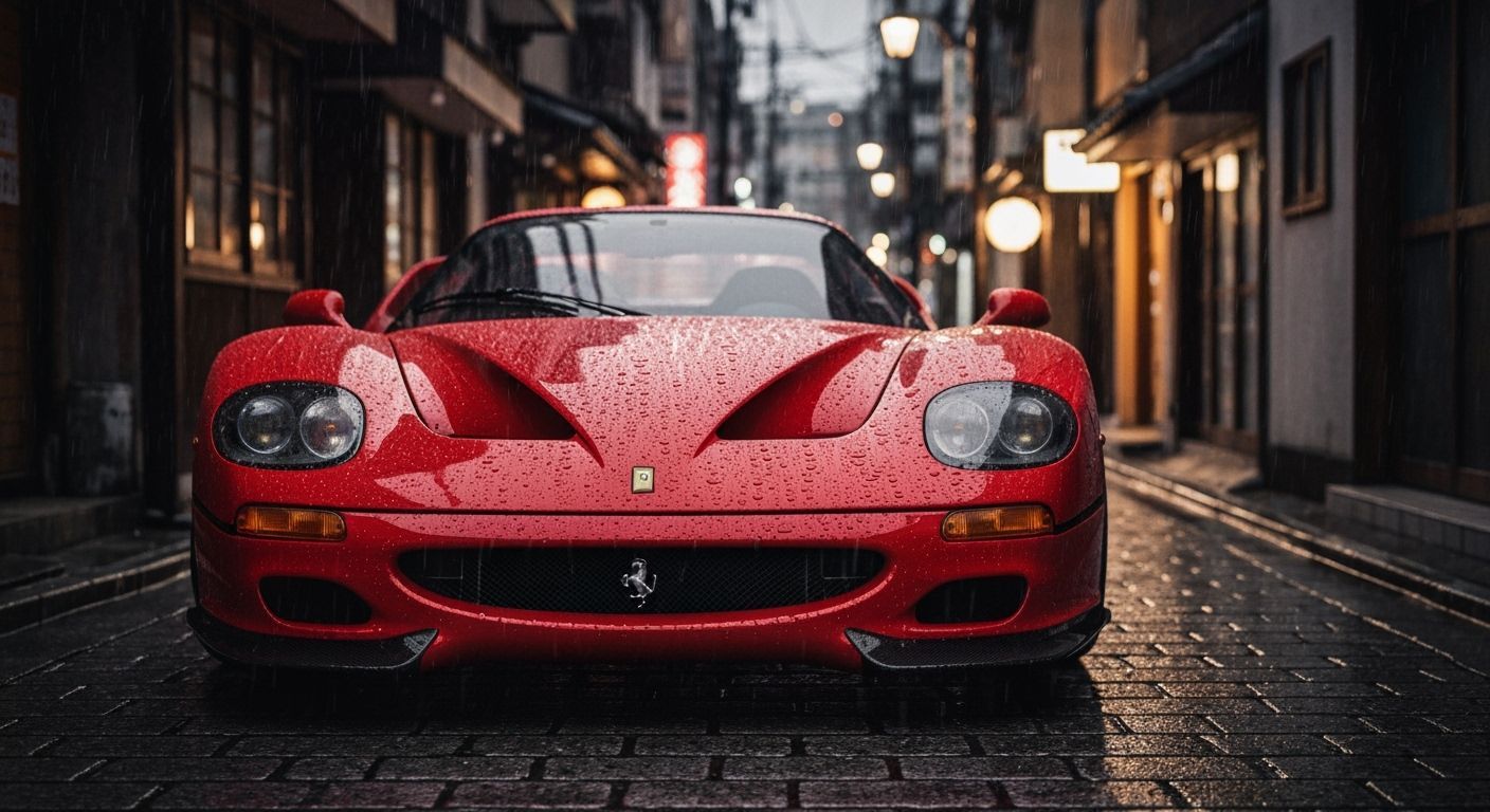 Red Ferrari F50 in Rainy Tokyo Evening