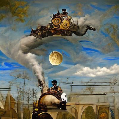 Steampunk Alchemist's Lunar Train Ride: Renaissance Painting