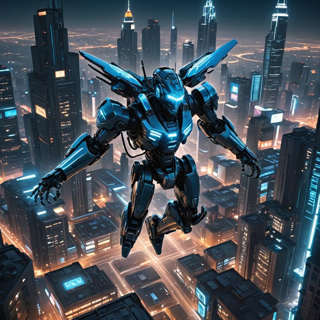 Cyberpunk AI Robot Soaring Through Cityscape