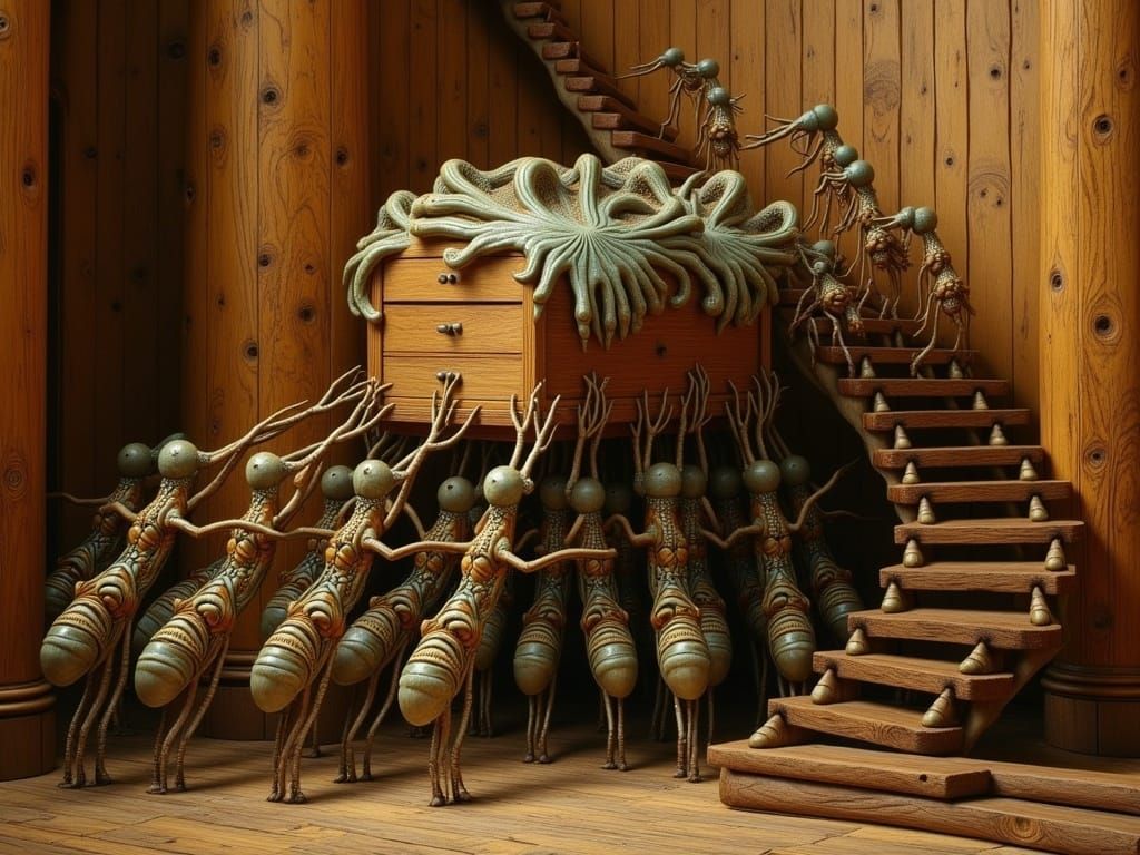 Intricate Ant Colony Transports Ornate Cabinet in Harmonious...
