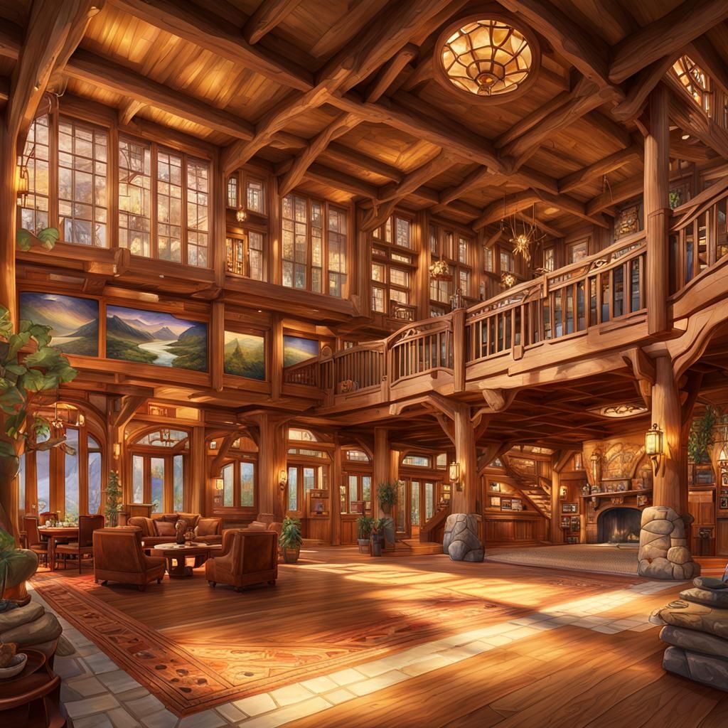 Arts and Crafts Lodge Lobby in Watercolor